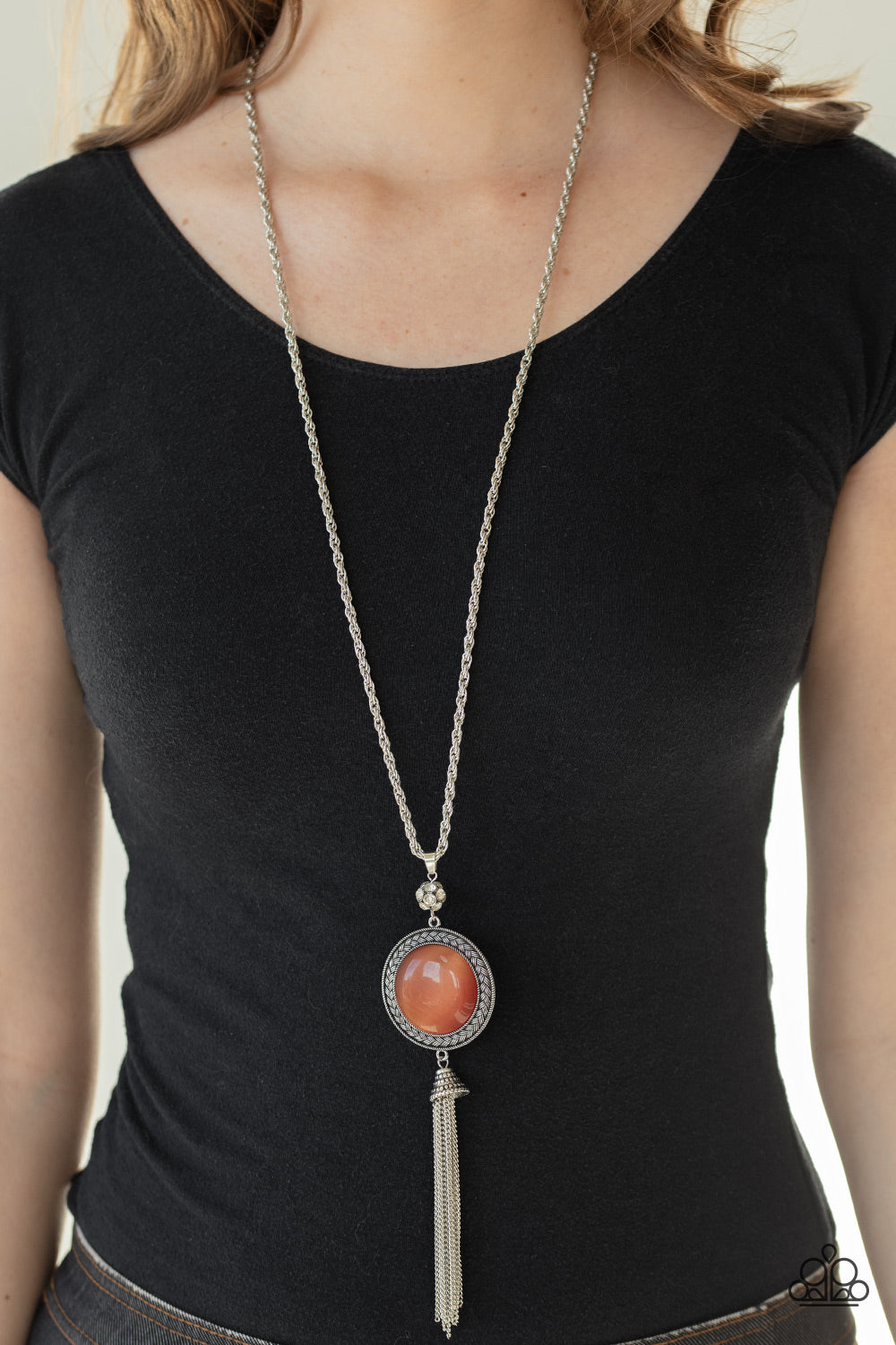 SERENE SERENDIPITY - ORANGE NATURAL STONE ROUND TASSELS NECKLACE