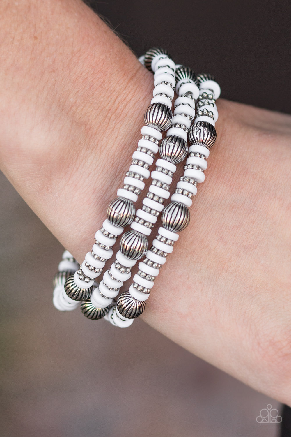 BARCELONA BALL - WHITE SILVER STRETCH BRACELETS SET