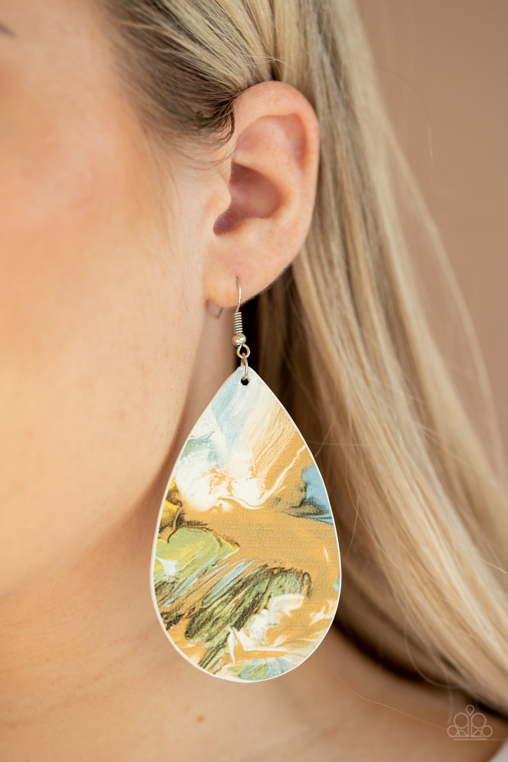 MESMERIZING MOSAIC - MULTI WHITE TAN GREEN BLUE ABSTRACT LEATHER TEARDROP EARRINGS