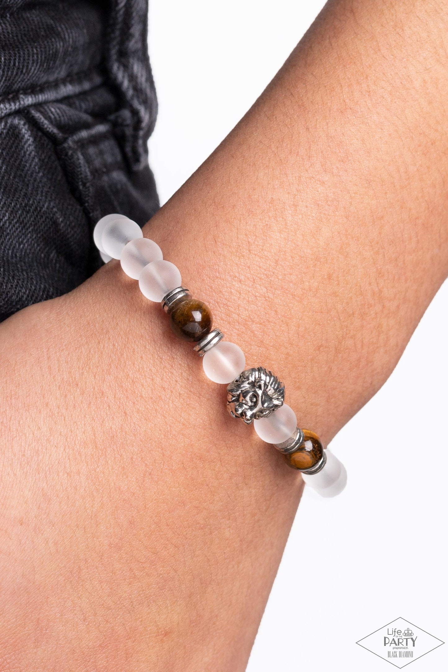THE LIONS SHARE - BROWN TIGER EYE CLEAR FROSTED BEADS LION HEAD STRETCH BRACELET