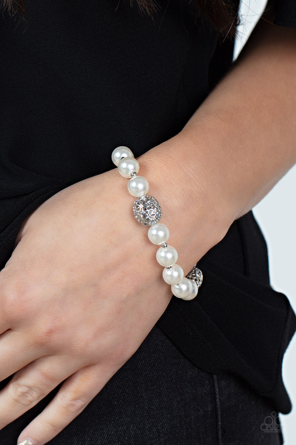 UPSCALE WHIMSY - WHITE PEARLS AND SILVER FLOWER BEADS STRETCH BRACELET