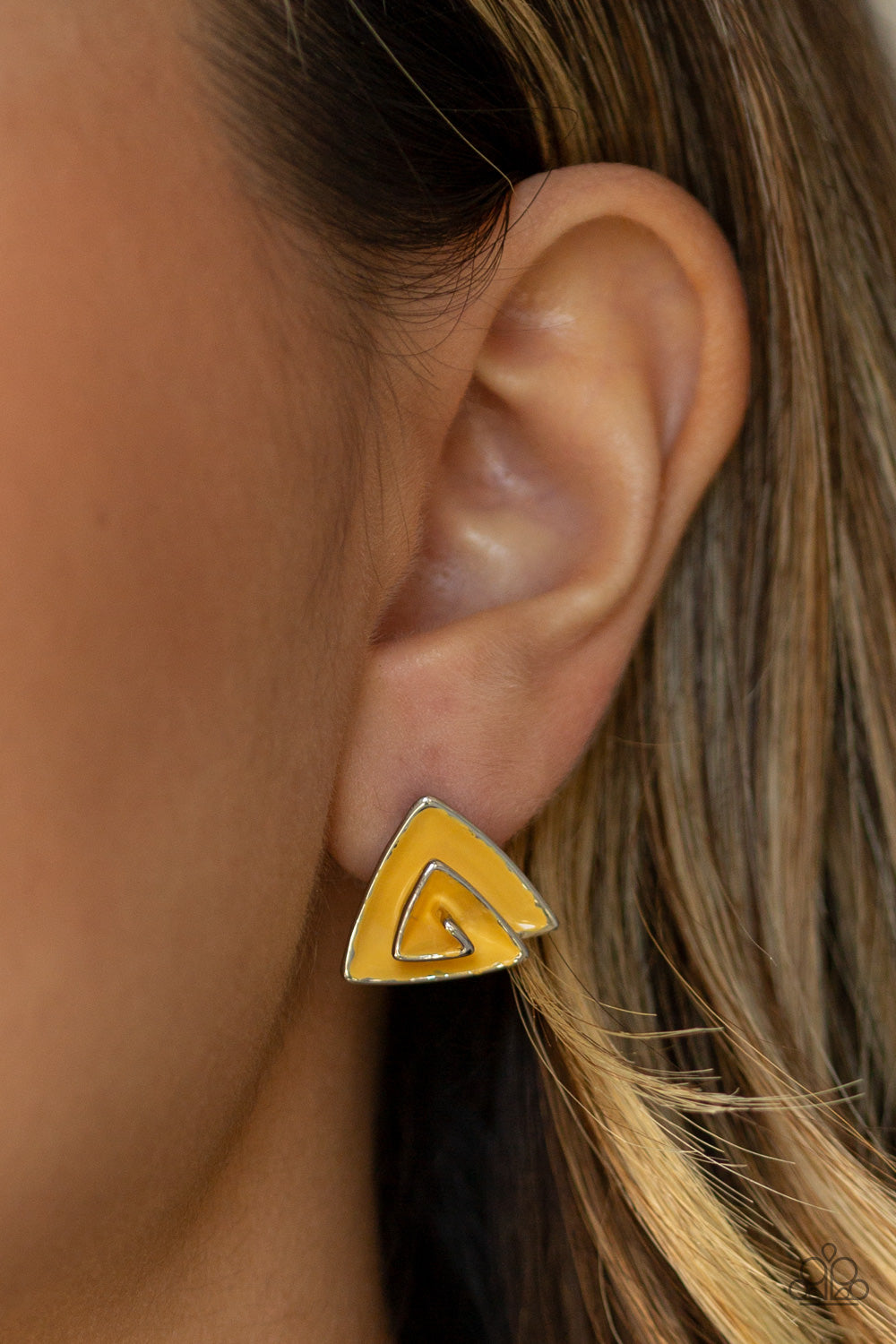 ON BLAST - YELLOW ENAMEL TRIANGLE PYRAMID POST EARRINGS