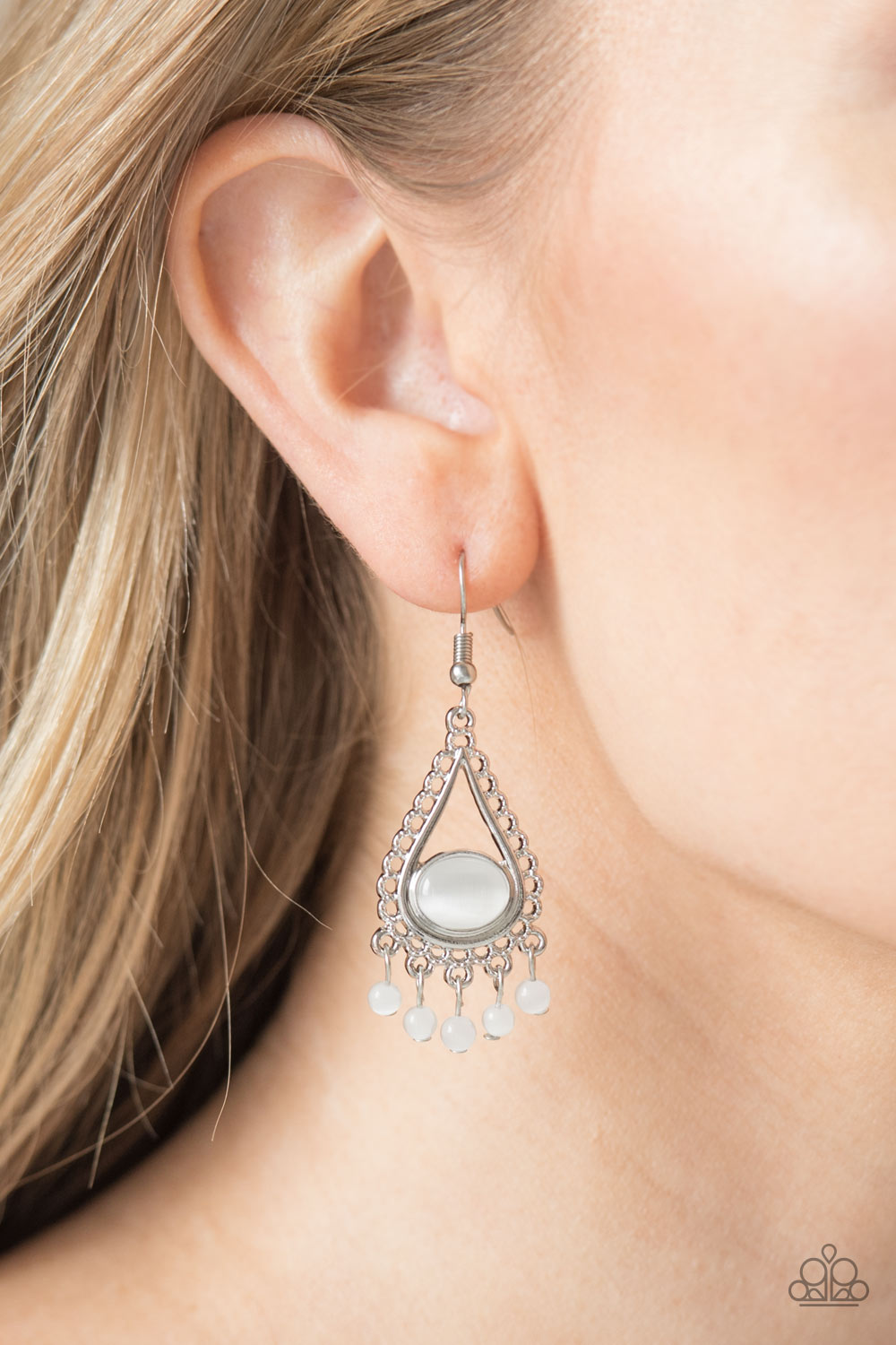 GIVE ME THE GLOW-DOWN - WHITE MOONSTONE SILVER SCALOPED FRAME FRINGE EARRINGS