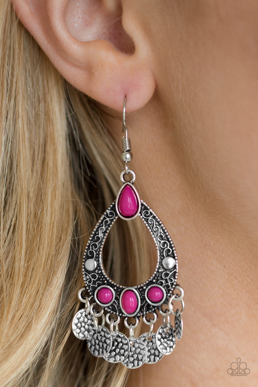 ISLAND ESCAPADE - PINK BEADS SILVER TEXTURED TEARDROP CHIME FRINGE EARRINGS