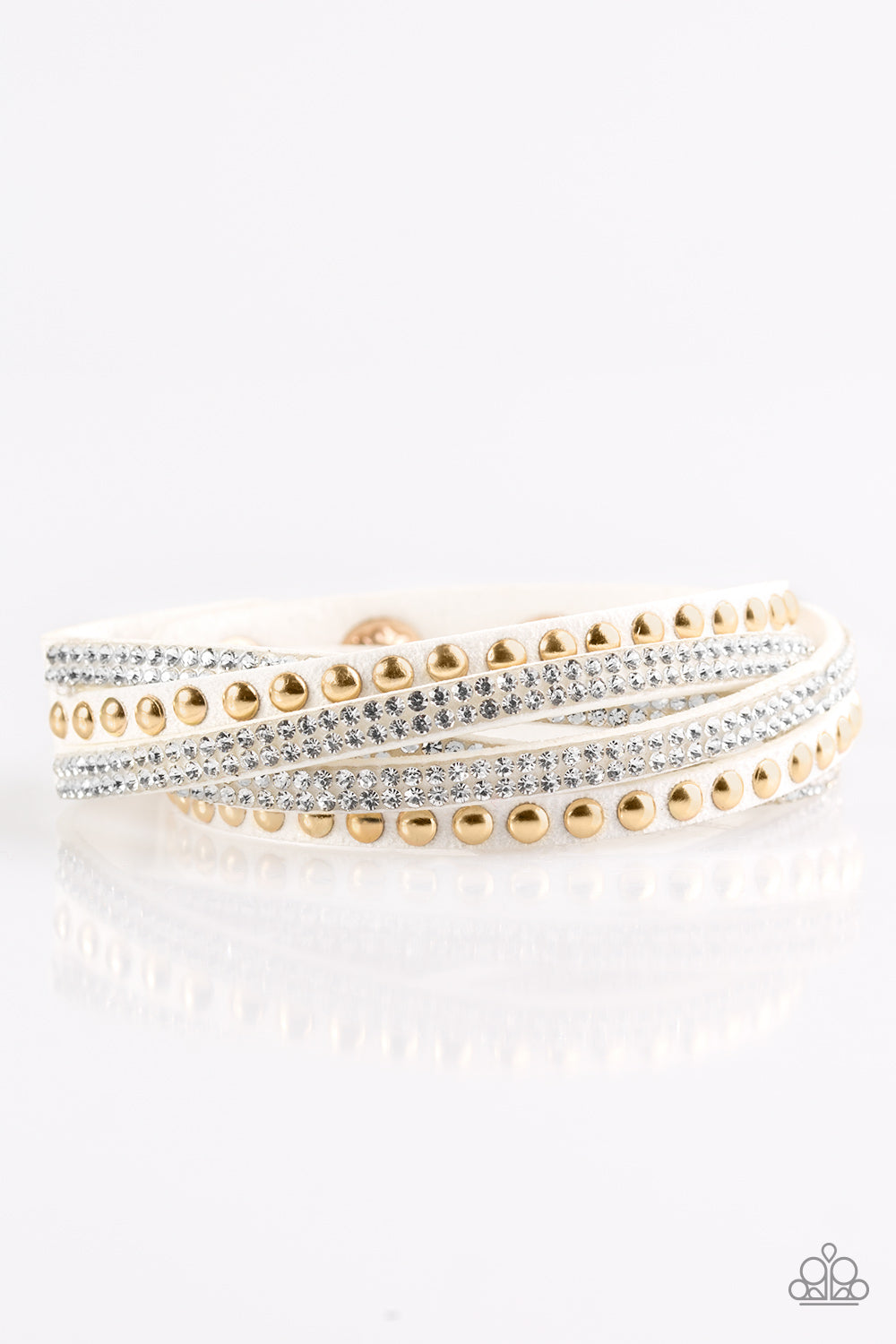 I BOLD YOU SO! - WHITE SUEDE RHINESTONES GOLD DOTS BEADS DOUBLE WRAP BRACELET