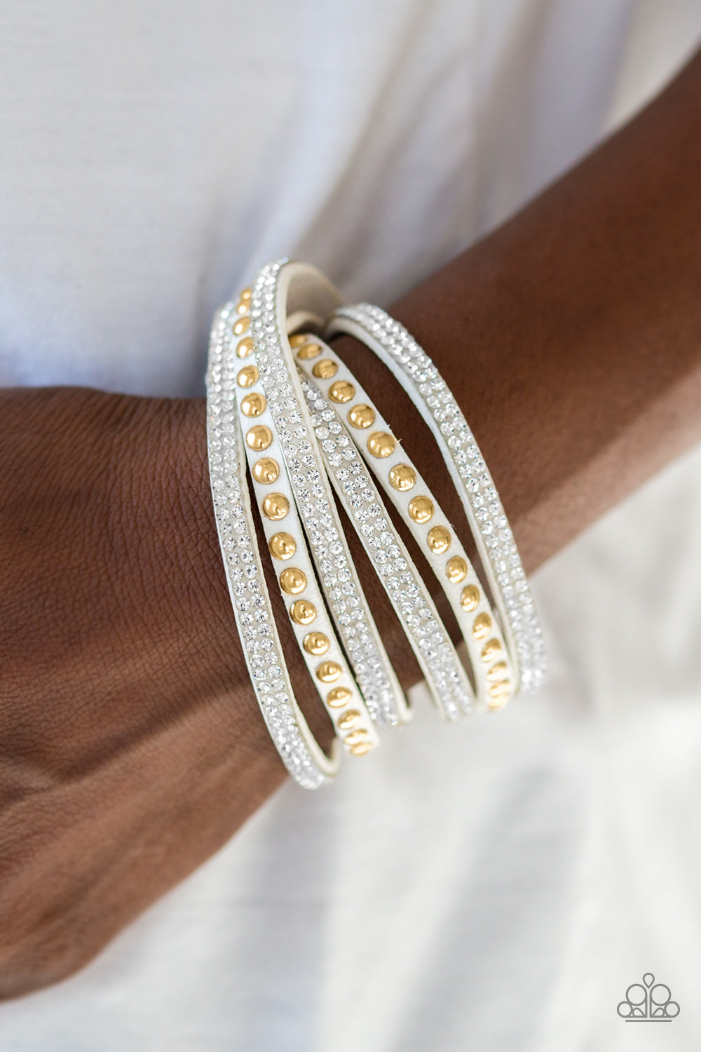 I BOLD YOU SO! - WHITE SUEDE RHINESTONES GOLD DOTS BEADS DOUBLE WRAP BRACELET