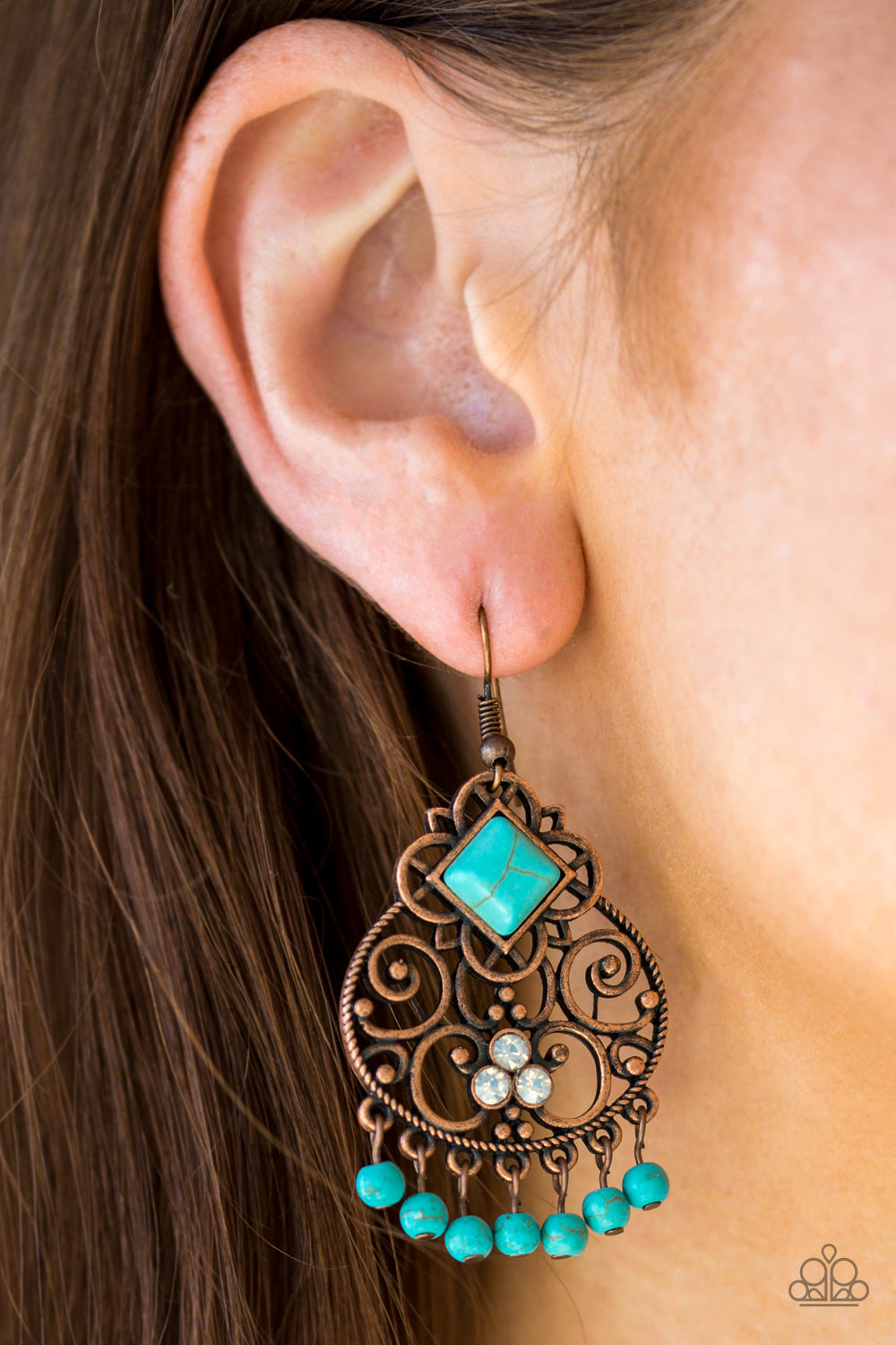 WESTERN WONDER - COPPER FILIGREE BLUE TURQUOISE OPALESCENT RHINESTONES FRINGE EARRINGS