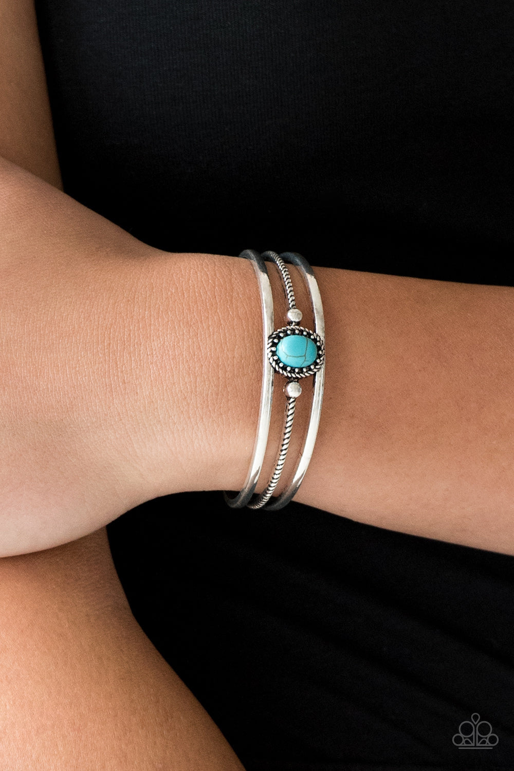 BORDERLINE BORDERLAND - BLUE TURQUOISE DAINTY SILVER CUFF BRACELET