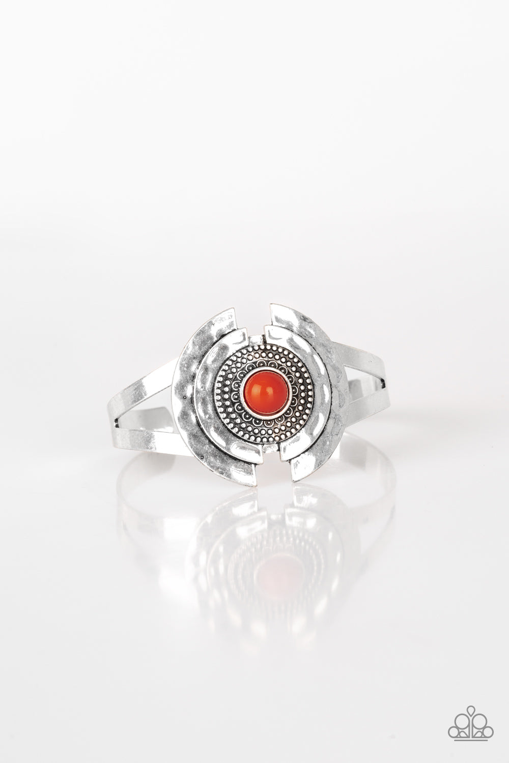 INCREDIBLY INDIE - ORANGE CRACKLE STONE SILVER TEXTURED CUFF BRACELET