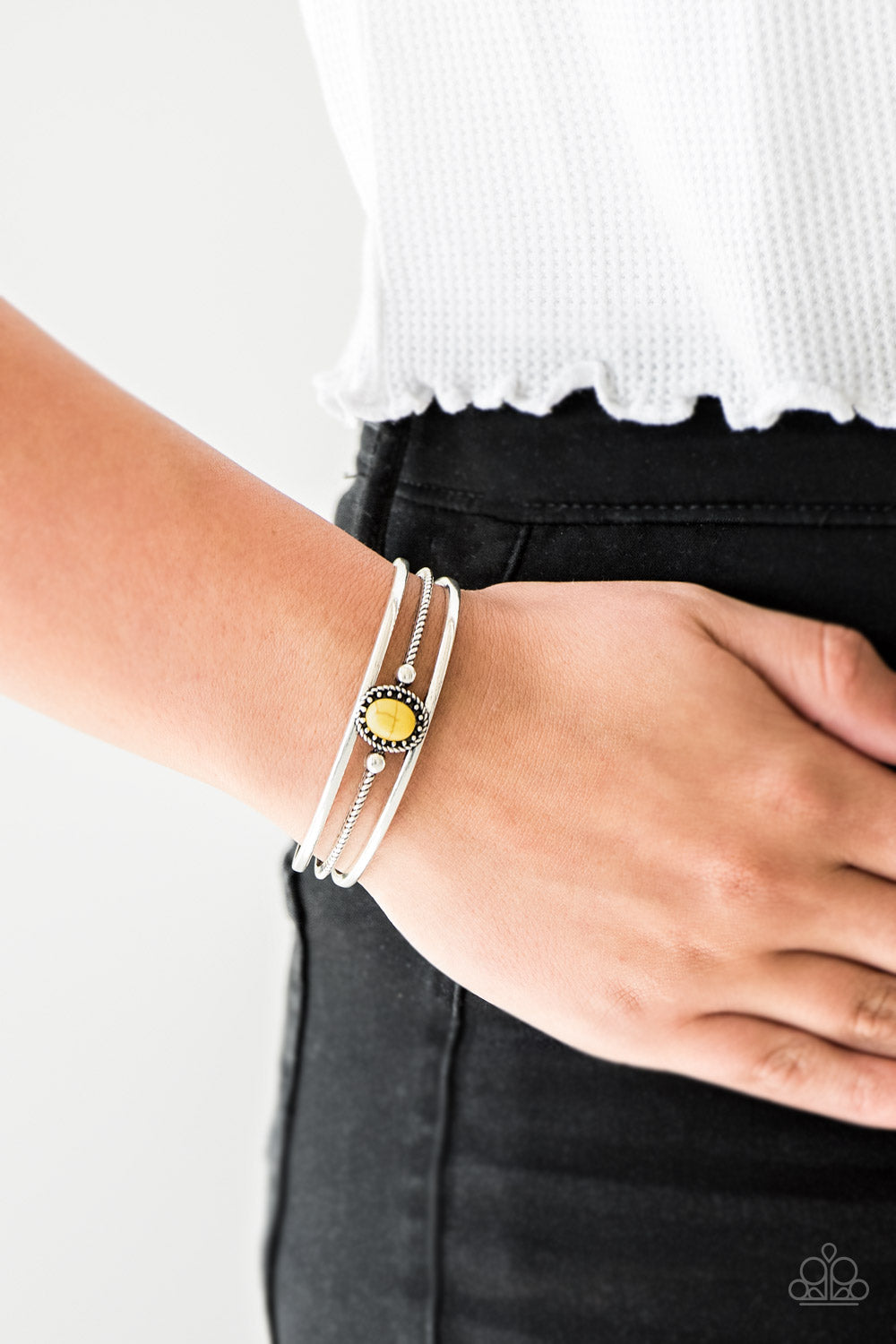 BORDERLINE BORDERLAND - YELLOW TURQUOISE DAINTY SILVER CUFF BRACELET