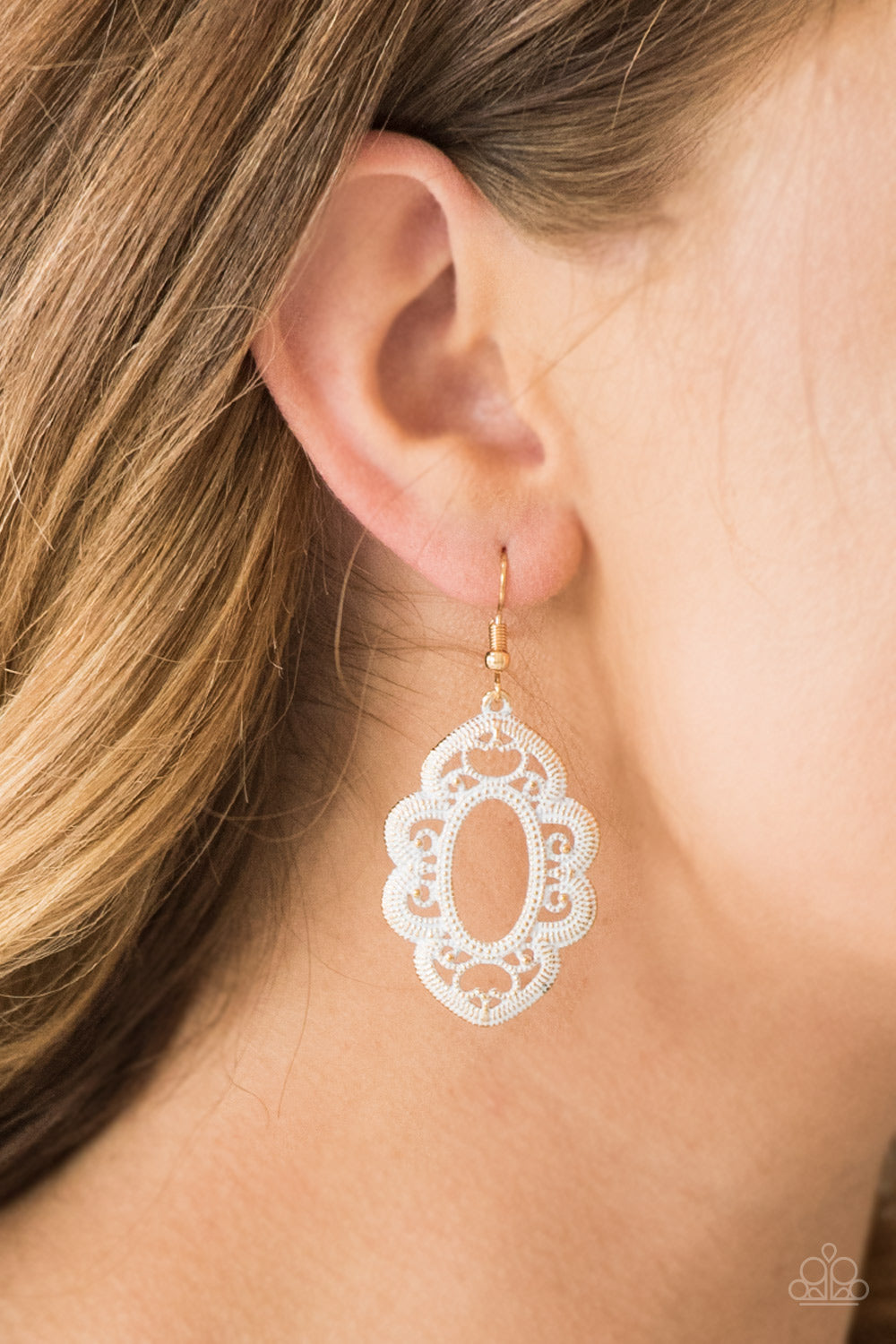 MANTRAS AND MANDALAS - GOLD WHITE SCALLOPED OVAL FRAME EARRINGS