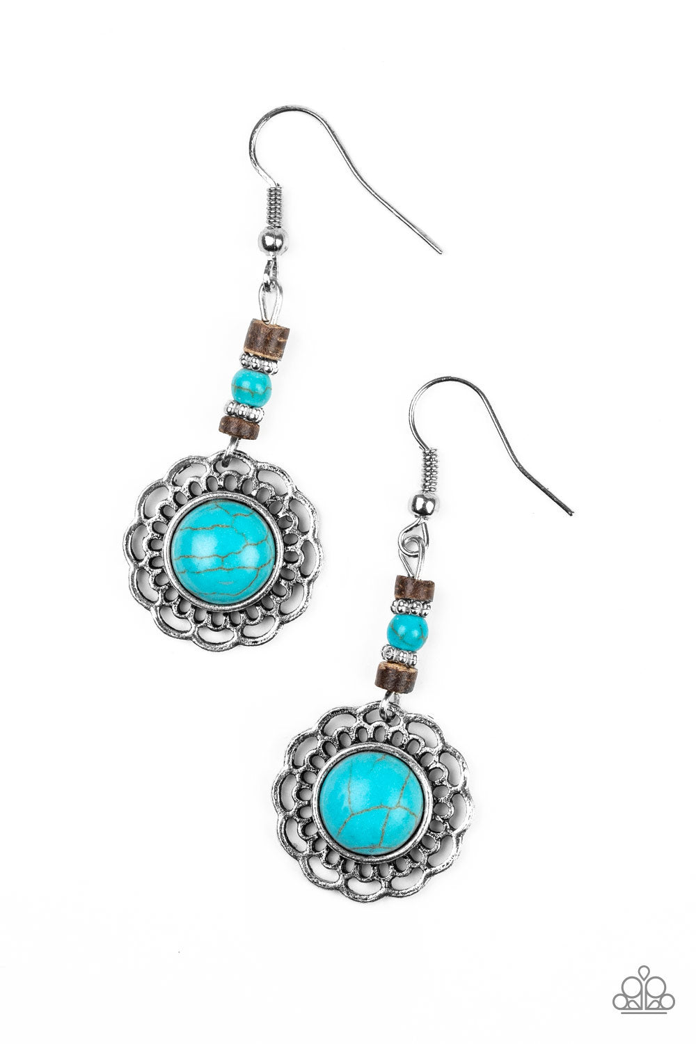 DESERT BLISS - MULTI BLUE AND WHITE TURQUOISE WOODEN BEADS FLOWER FLORAL EARRINGS