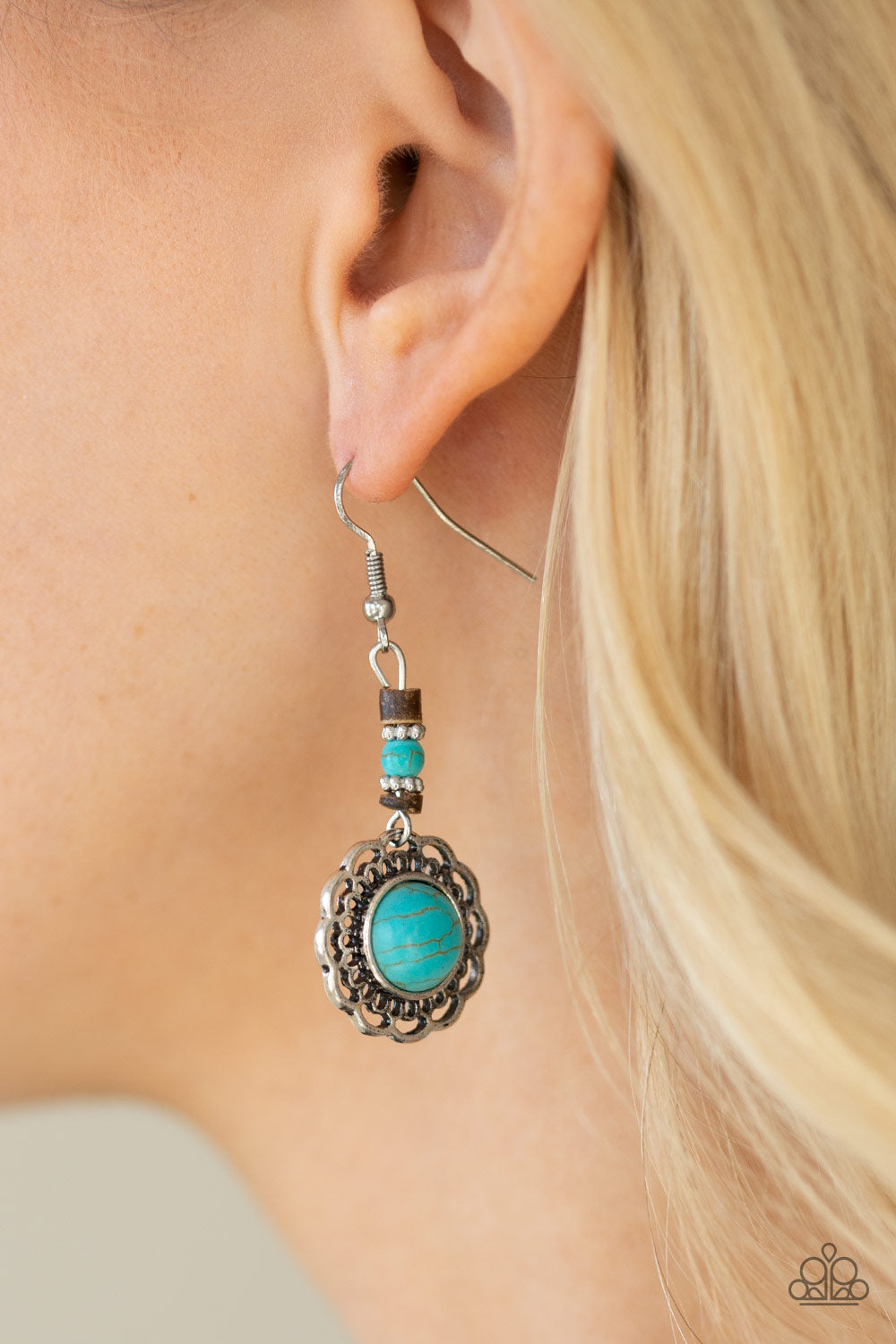 DESERT BLISS - MULTI BLUE AND WHITE TURQUOISE WOODEN BEADS FLOWER FLORAL EARRINGS