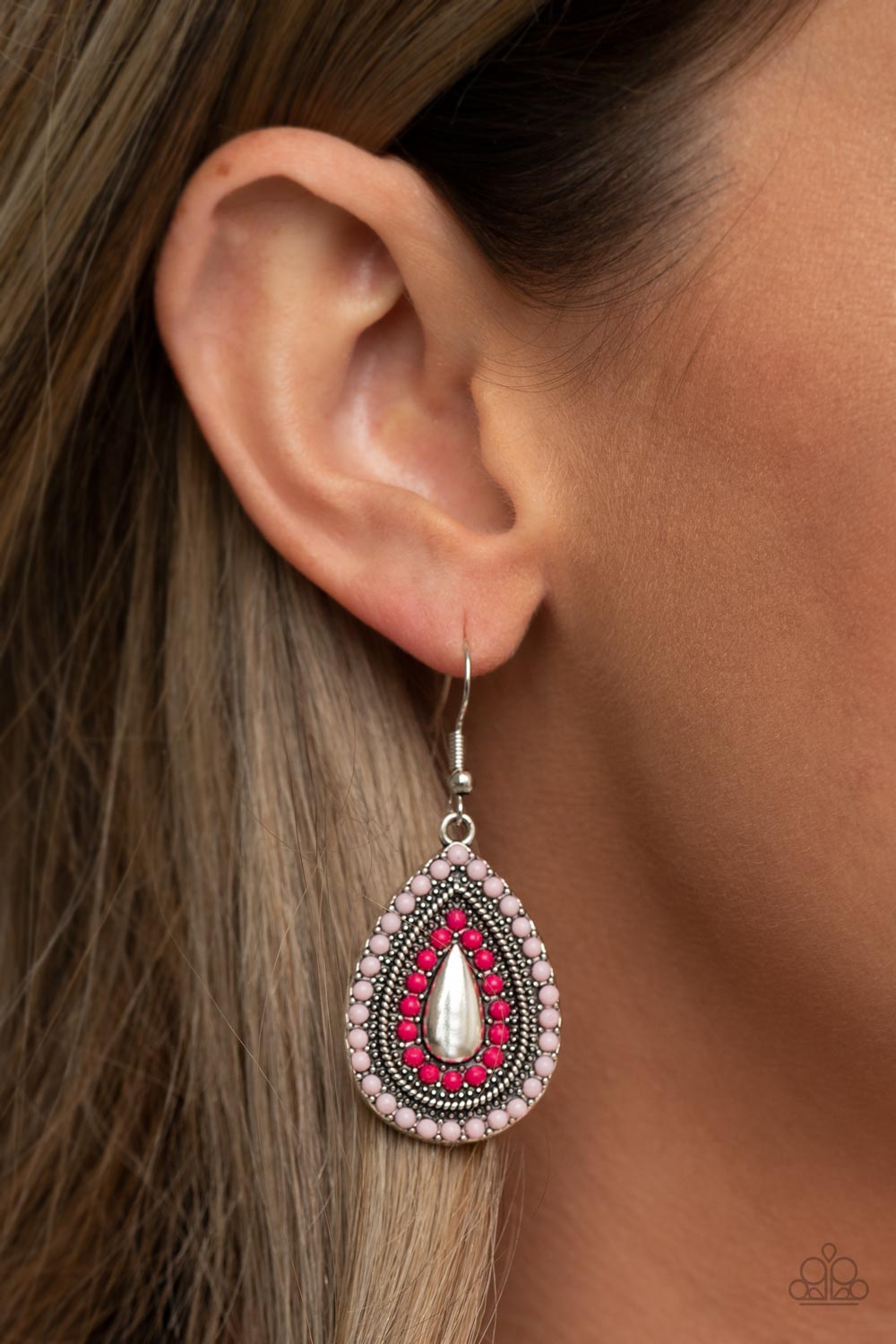 BEADED BONANZA - PINK BEADS SILVER TEARDROP PENDANT EARRINGS