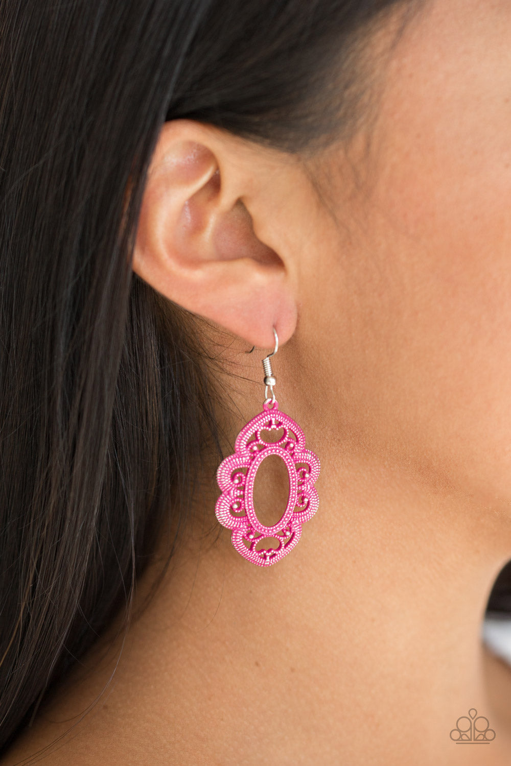 MANTRAS AND MANDALAS - PINK OVAL SCALLOPED SILVER FILIGREE FRAME EARRINGS
