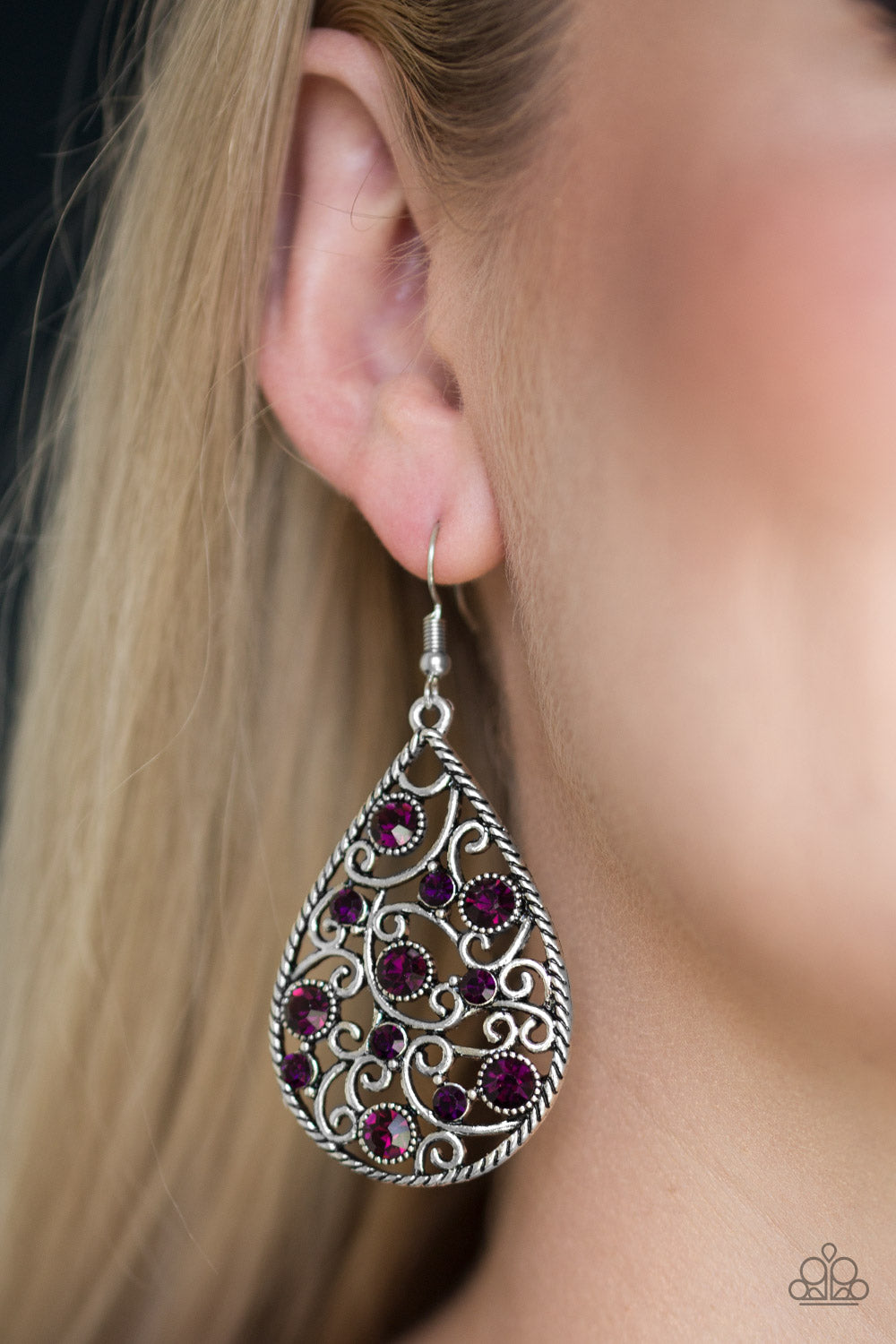 CERTAINLY COURTIER - PURPLE AMETHYST RHINESTONES TEARDROP FILIGREE EARRINGS
