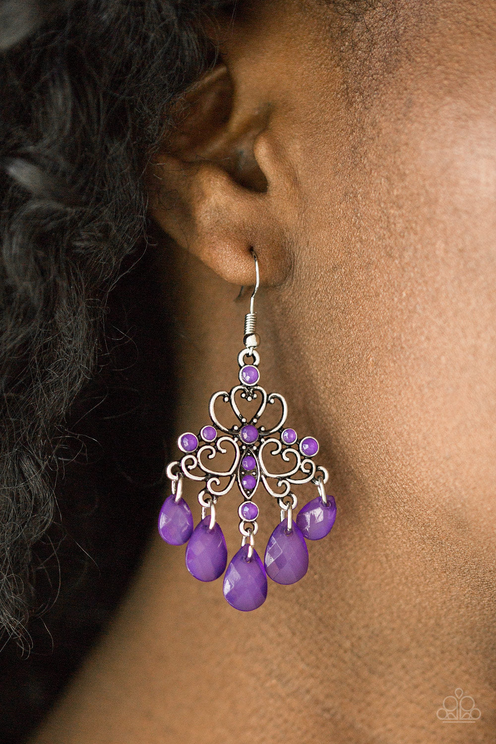 DIP IT GLOW - PURPLE TEARDROP FACETED BEADS SILVER FILIGREE CHANDELIER EARRINGS