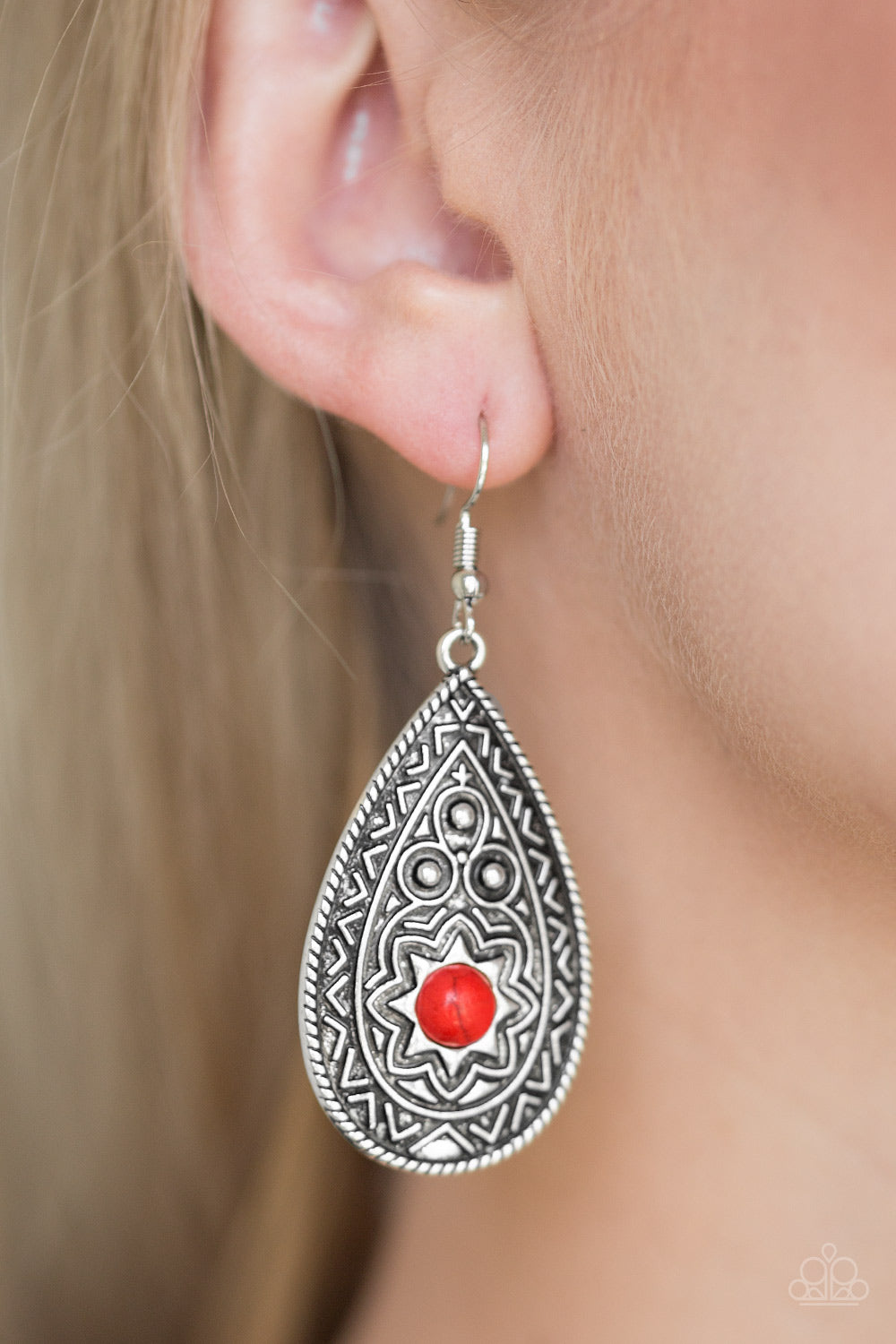 SUMMER SOL - RED TURQUOISE SILVER TEXTURED TEARDROP SUN BURST PENDANT EARRINGS