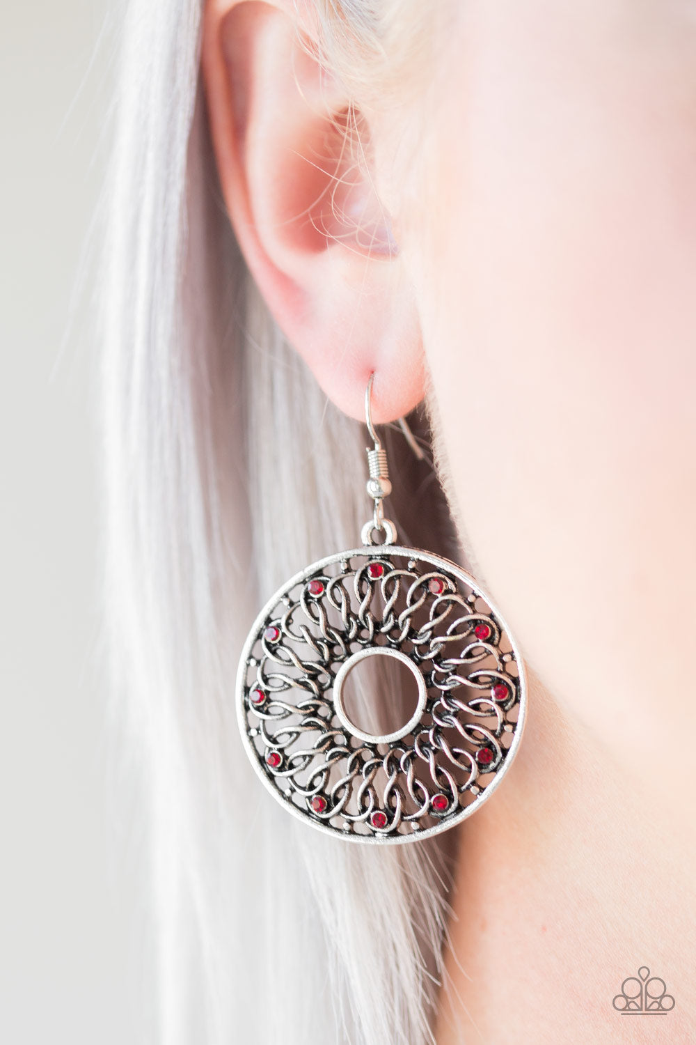 MALIBU MUSICAL - RED GARNET RUBY RHINESTONES CIRCLE WHEEL FILIGREE PENDANT HOOP EARRINGS