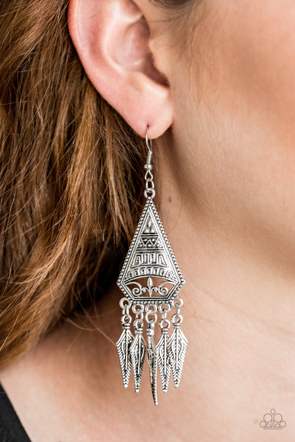 ME OH MAYAN - SILVER TRIBAL ETCHED PYRAMID ARROWS FRINGE EARRINGS