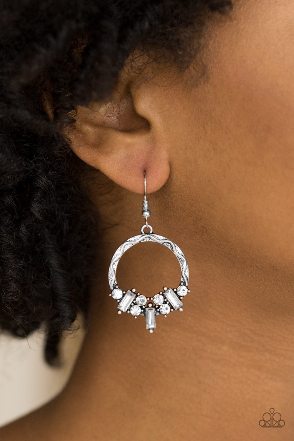 ON THE UPTREND - WHITE CLEAR RHINESTONES ANTIQUE SILVER HOOP EARRINGS