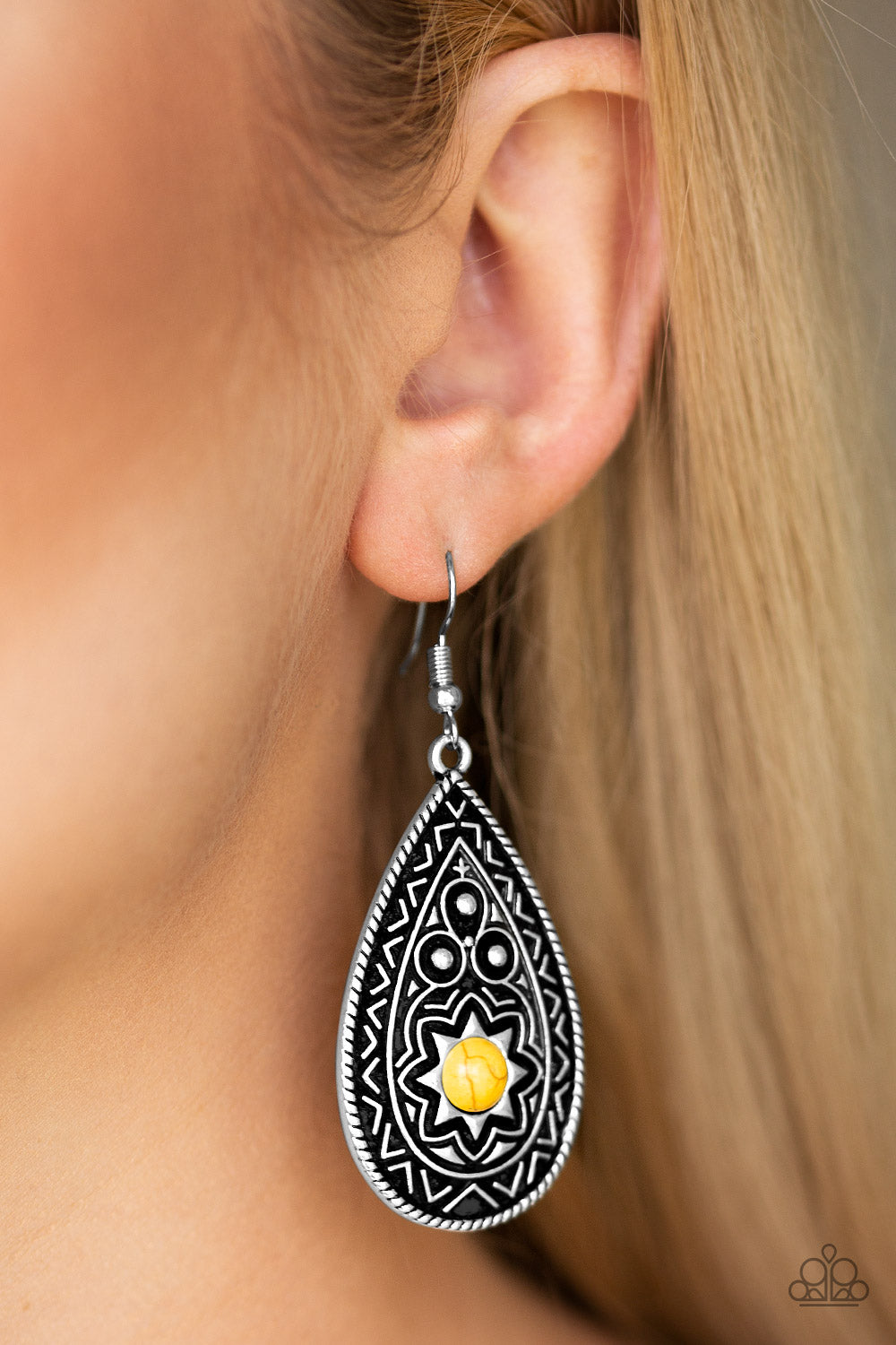 SUMMER SOL - YELLOW TURQUOISE SILVER TEXTURED TEARDROP SUN BURST PENDANT EARRINGS