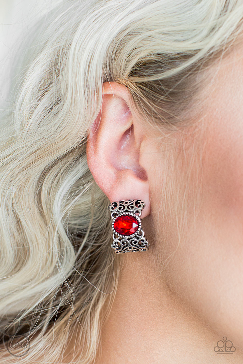GLAMOROUSLY GRAND DUCHESS - RED RUBY RHINESTONE SILVER FILIGREE FRAME CLIP-ON EARRIGNS
