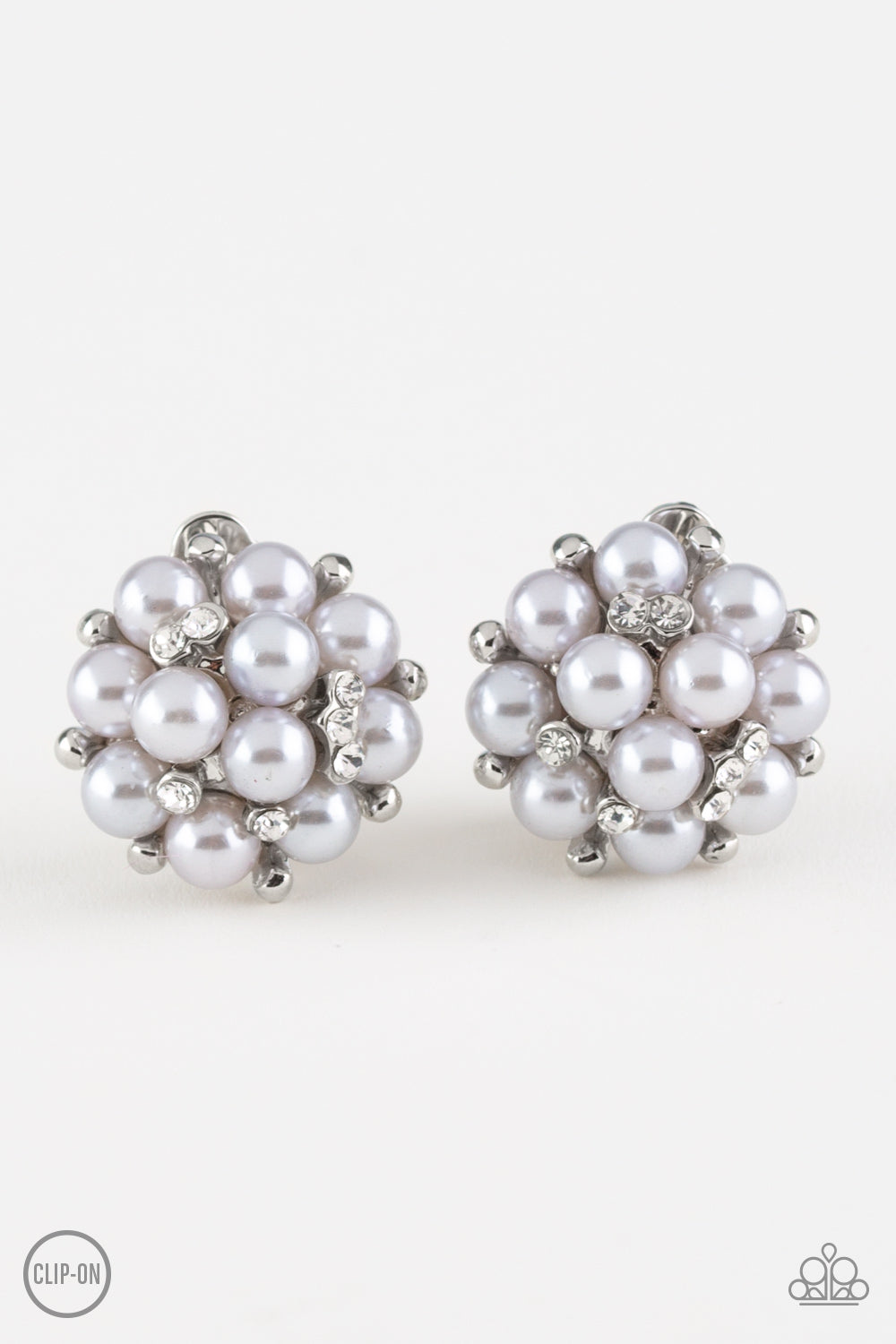 PAR PEARL - SILVER GRAY PEARLS RHINESTONES DAINTY CLIP-ON EARRINGS