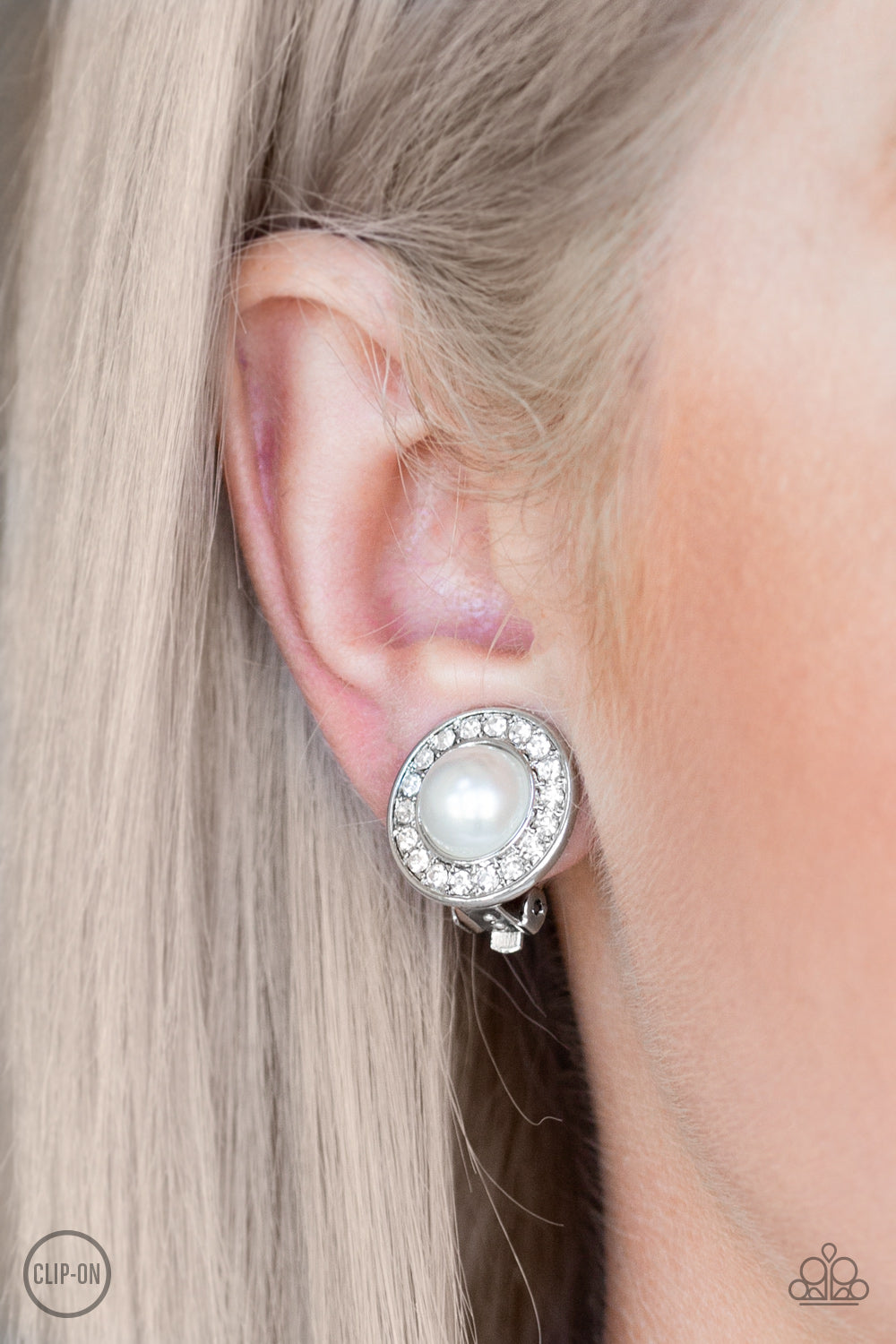 DEFINITELY DAPPER - WHITE PEARL CLEAR RHINESTONES SILVER ROUND FRAME CLIP ON EARRINGS