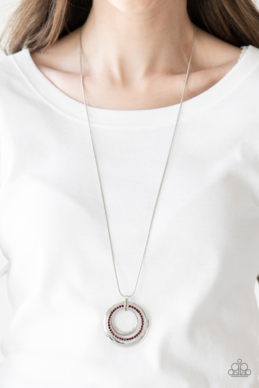 GATHER AROUND GORGEOUS - RED RHINESTONE FLOATING CIRCLE NECKLACE
