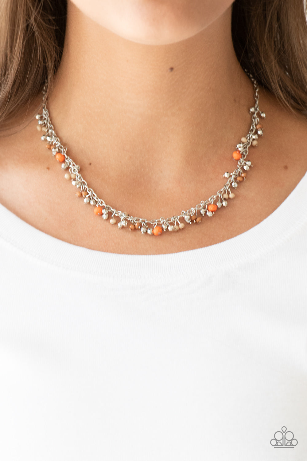 SAILING THE SEVEN SEAS - ORANGE TAN BEADS FRINGE NECKLACE