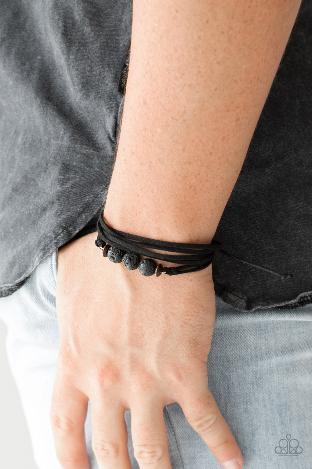 ADVENTURE ZONE - BLACK SUEDE LEATHER LAVA BEADS DRAW STRING BRACELET