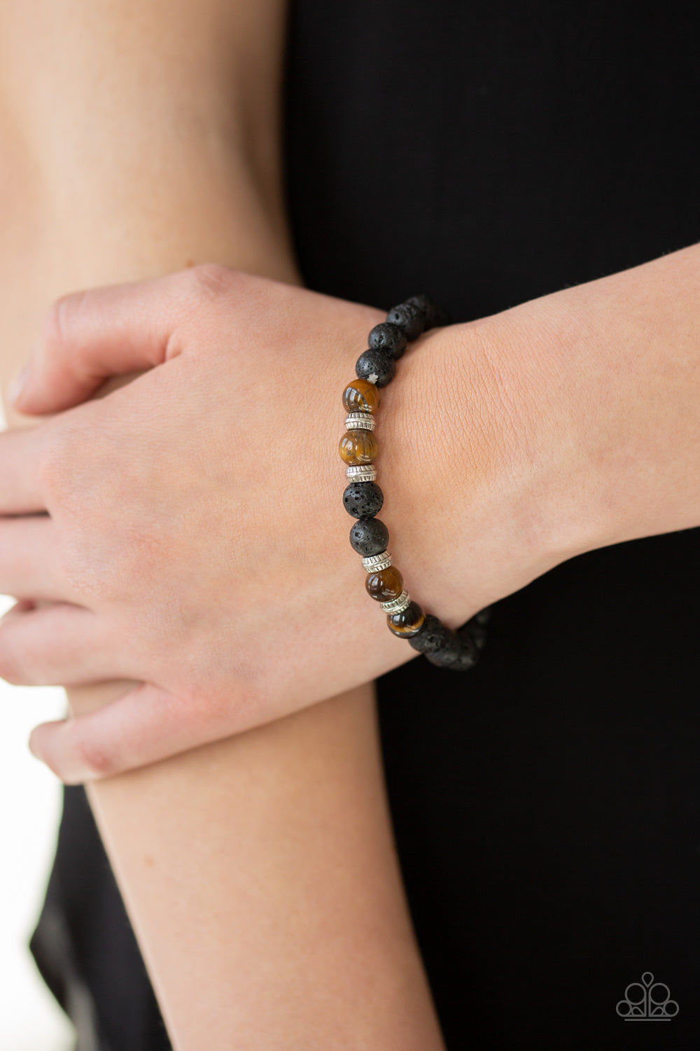 PEACE AND QUIET - BLACK LAVA STONE TIGER EYE STRETCH BRACELET