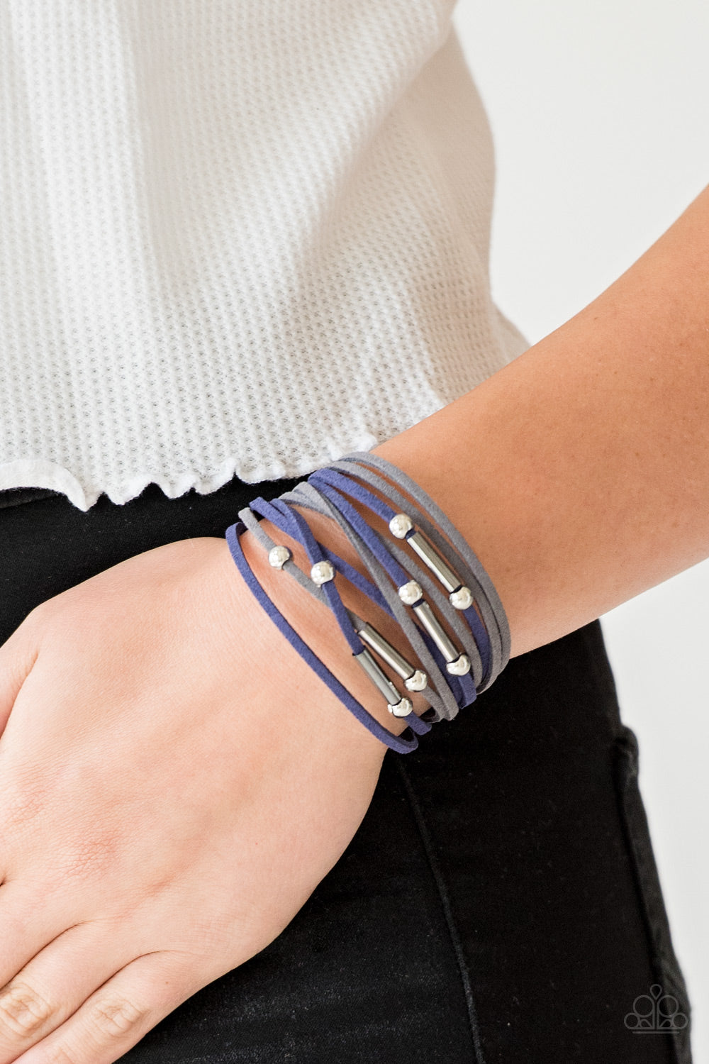 BACK TO BACKPACKER - MULTI GRAY BLUE NAVY SUEDE SILVER BEADS WRAP BRACELET