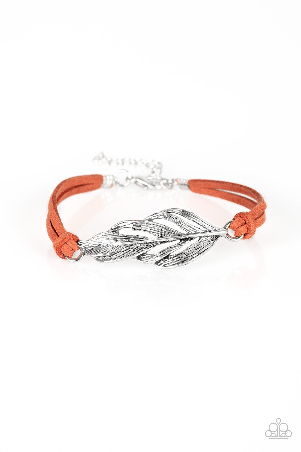 FASTER THAN FLIGHT - ORANGE SUEDE SILVER FEATHER BRACELET