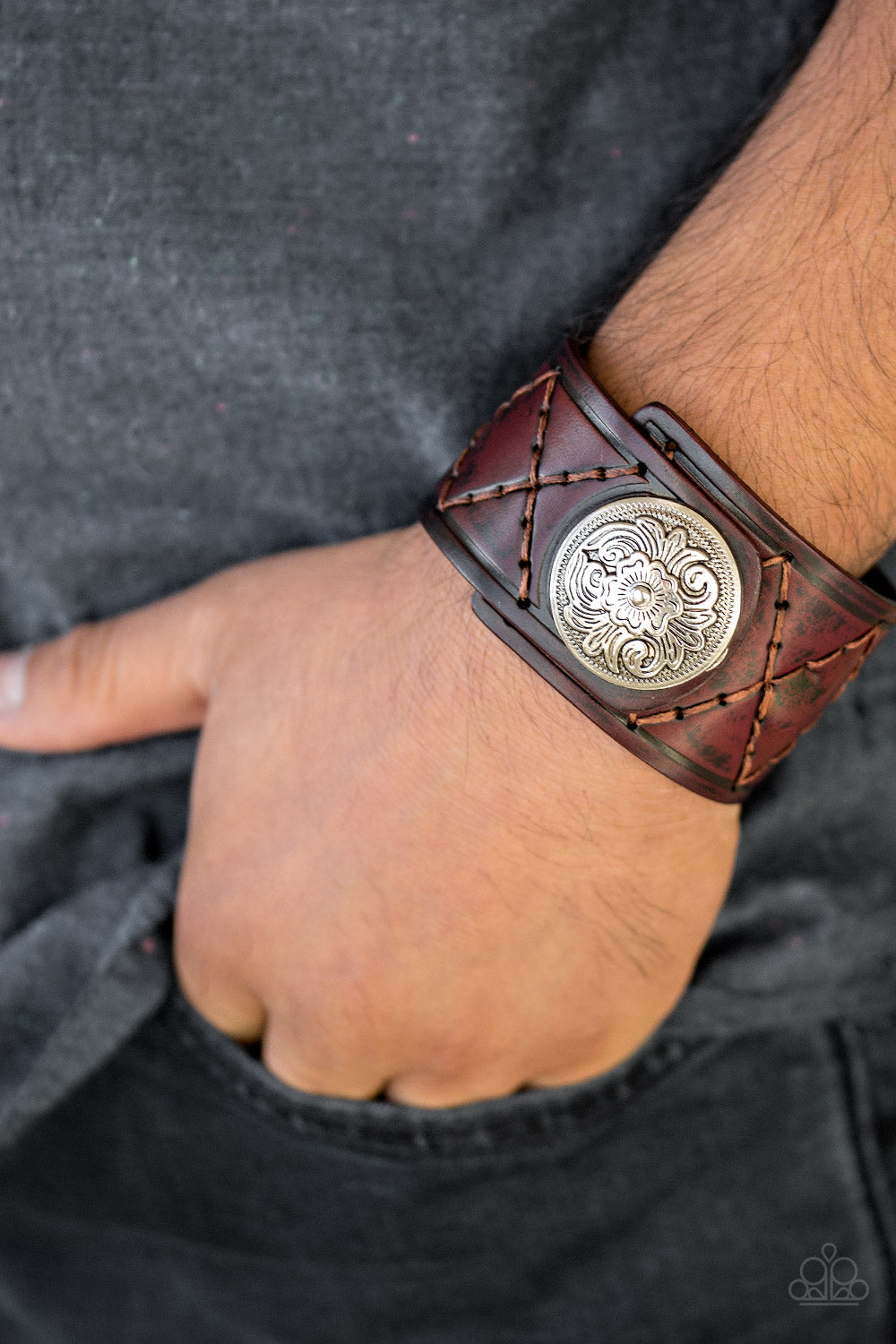 BADLANDS BANDIT - BROWN LEATHER STITCHED SILVER MEDALLION WRAP BRACELET