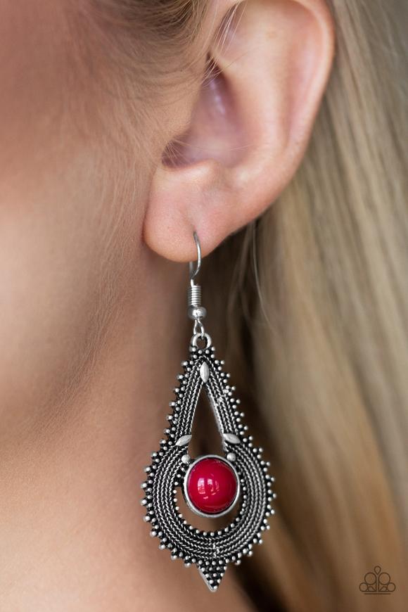 ZOOMIN' ZUMBA - RED BEAD TEXTURED SILVER BOHO EARRINGS