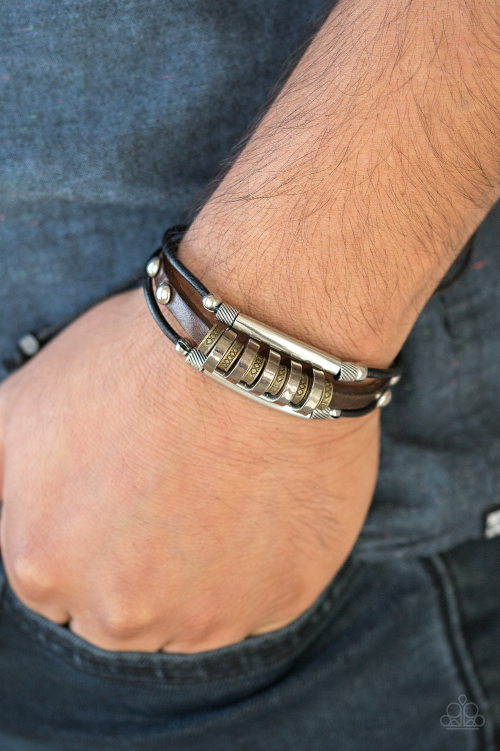 URBAN BACKPACKER - BLACK BROWN LEATHER SILVER BRASS GUNMETAL PULL CORD BRACELET
