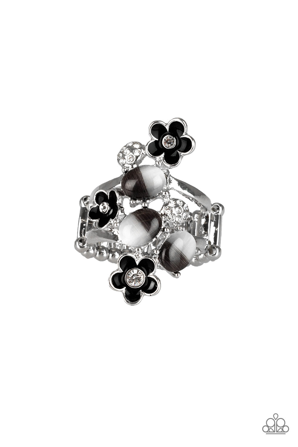 DAISY DELIGHT - BLACK WHITE MOONSTONE FLOWERS RHINESTONE RING