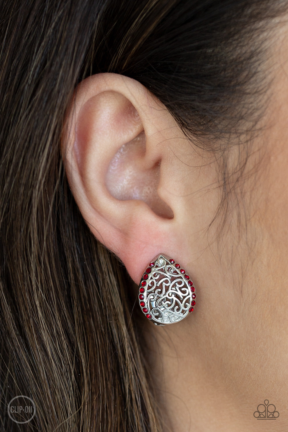 GARDEN DATE - RED RUBY RHINESTONE SILVER TEARDROP FILIGREE CLIPON EARRINGS