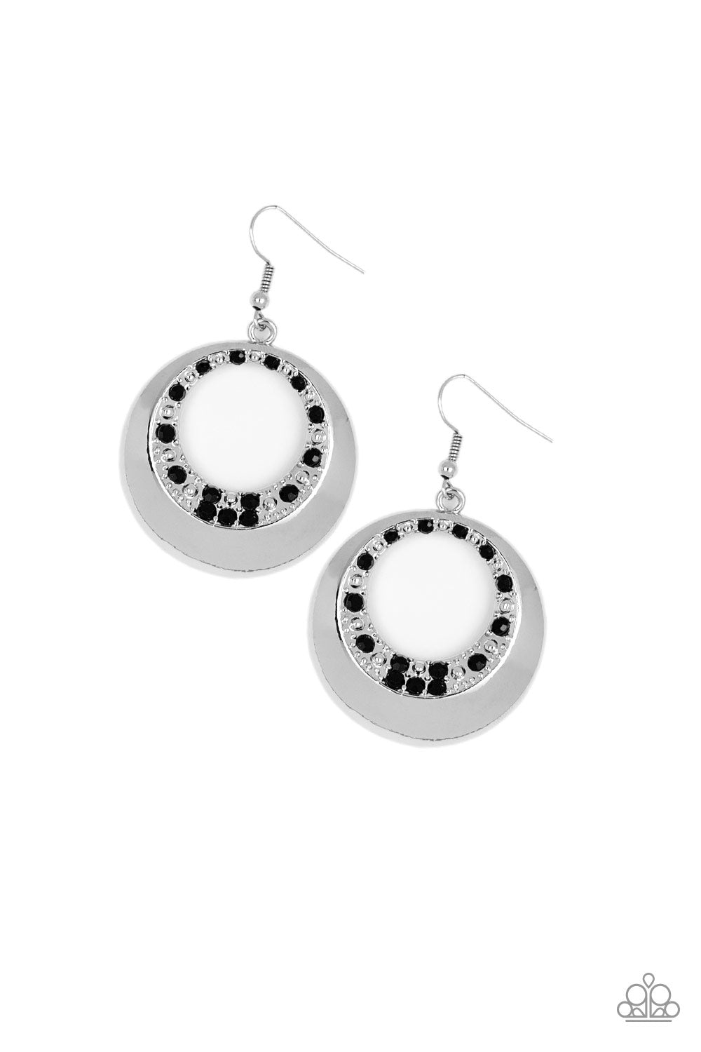 RINGED IN REFINEMENT - BLACK ONYX RHINESTONES SILVER HOOP EARRINGS