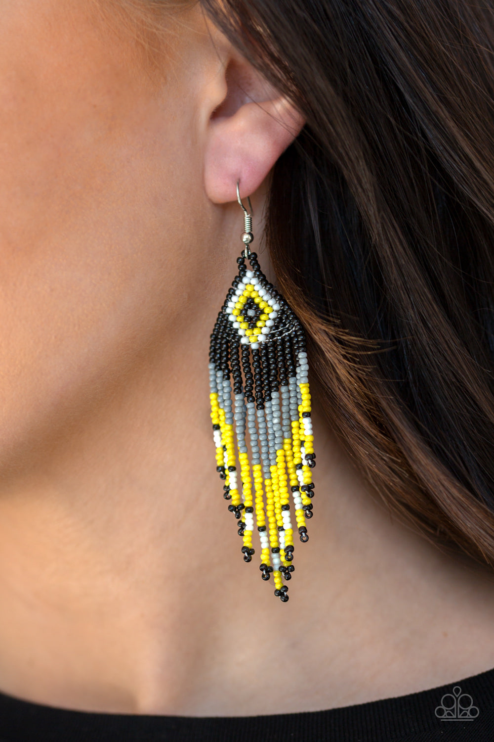 WIND BLOWN WANDERER - MULTI YELLOW GRAY BLACK WHITE SEEDBEAD EARRINGS