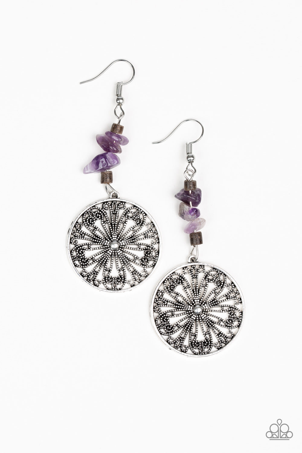 ADOBE DWELLER - PURPLE AMETHYST CHIPS SILVER FLOWER FLORAL PENDANT EARRINGS