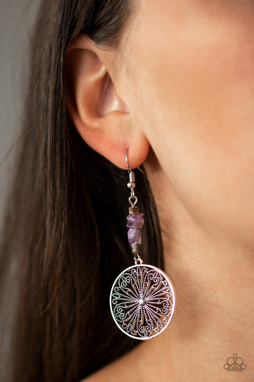 ADOBE DWELLER - PURPLE AMETHYST CHIPS SILVER FLOWER FLORAL PENDANT EARRINGS