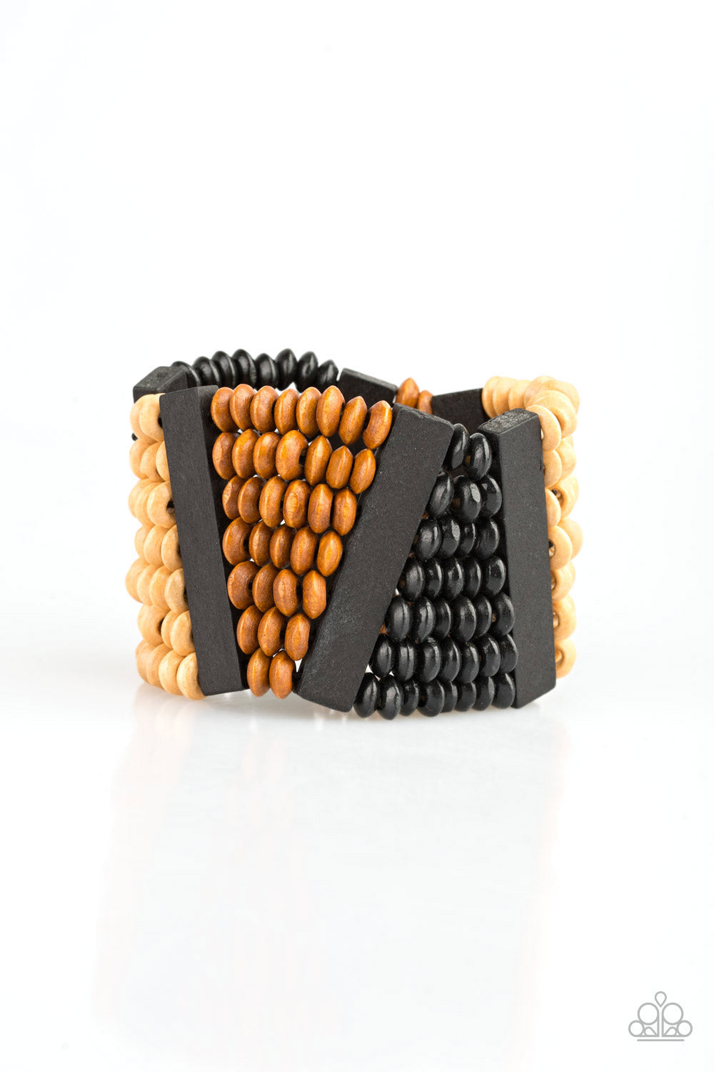 HAUTE IN HISPANIOLA - BLACK BROWN TAN SEED BEADS WOODEN STRETCH BRACELET