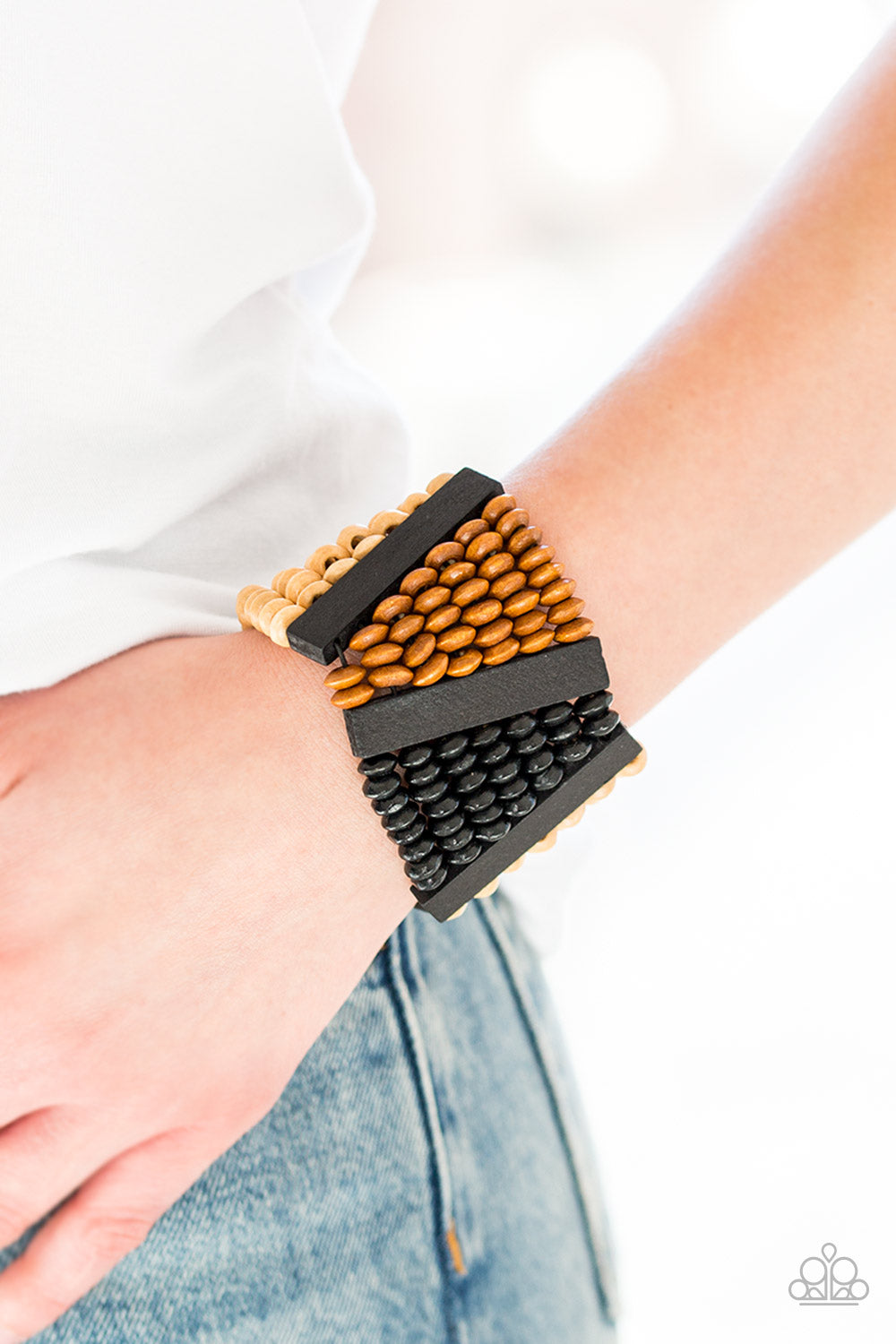 HAUTE IN HISPANIOLA - BLACK BROWN TAN SEED BEADS WOODEN STRETCH BRACELET