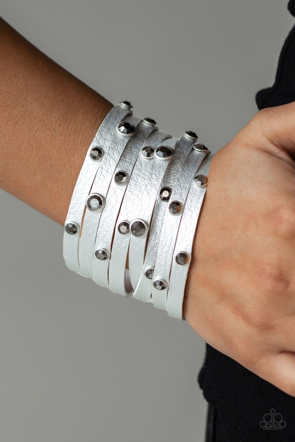 GO-GETTER GLAMOROUS - SILVER LEATHER MULTI LAYER HEMATITE RHINESTONES WRAP BRACELET