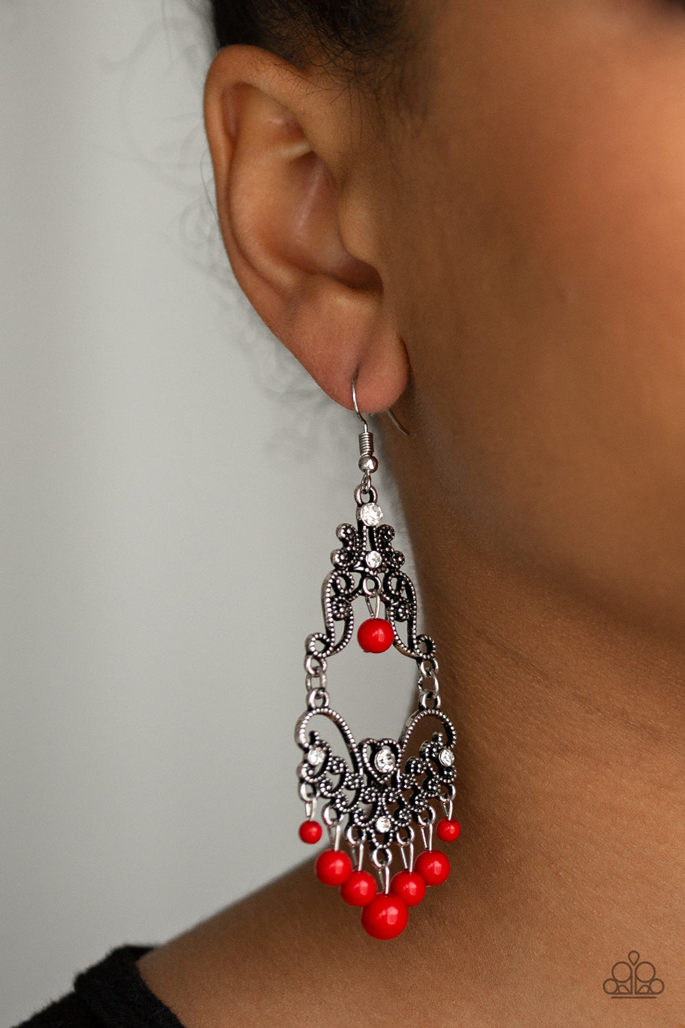 COLORFULLY CABARET - RED BEAD FRINGE ANTIQUED SILVER HEART EARRINGS