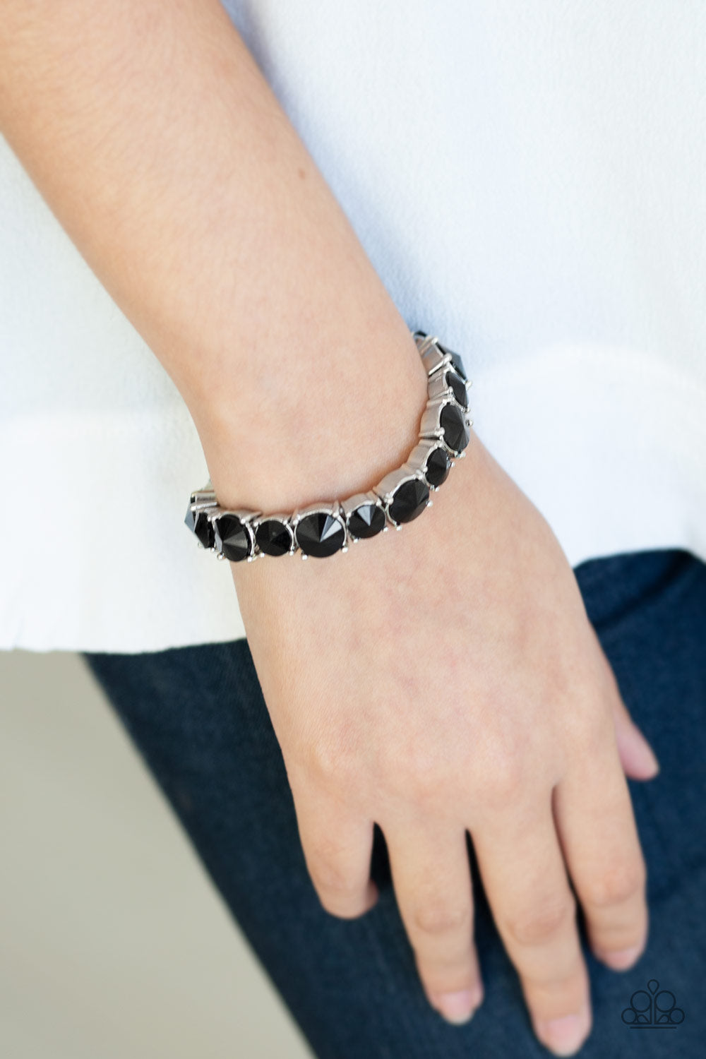 BORN TO BEDAZZLE - BLACK ONYX RHINESTONES STRETCH TENNIS BRACELET