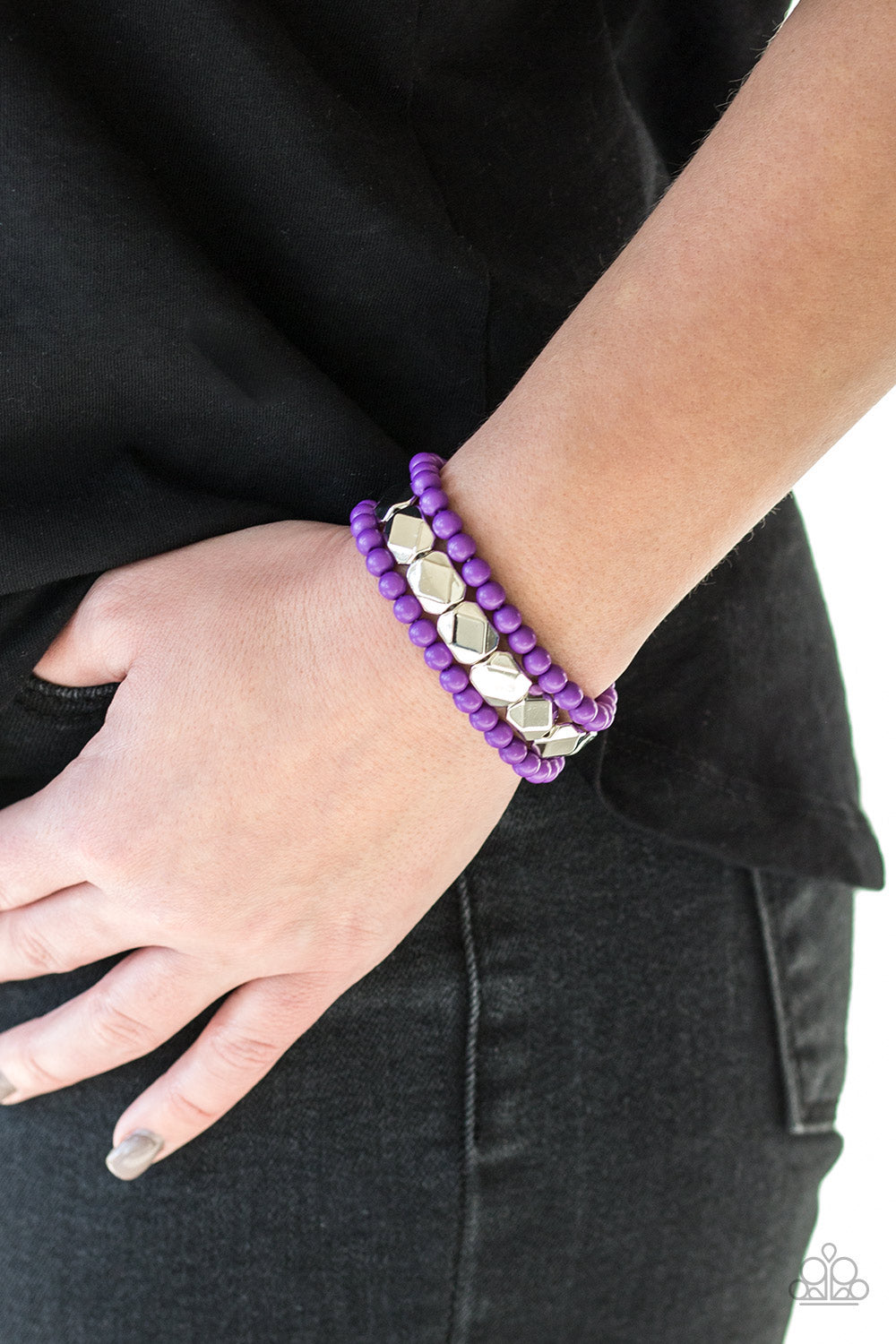 FIESTA FLAVOR - PURPLE BEADS SILVER STRETCH BRACELET SET